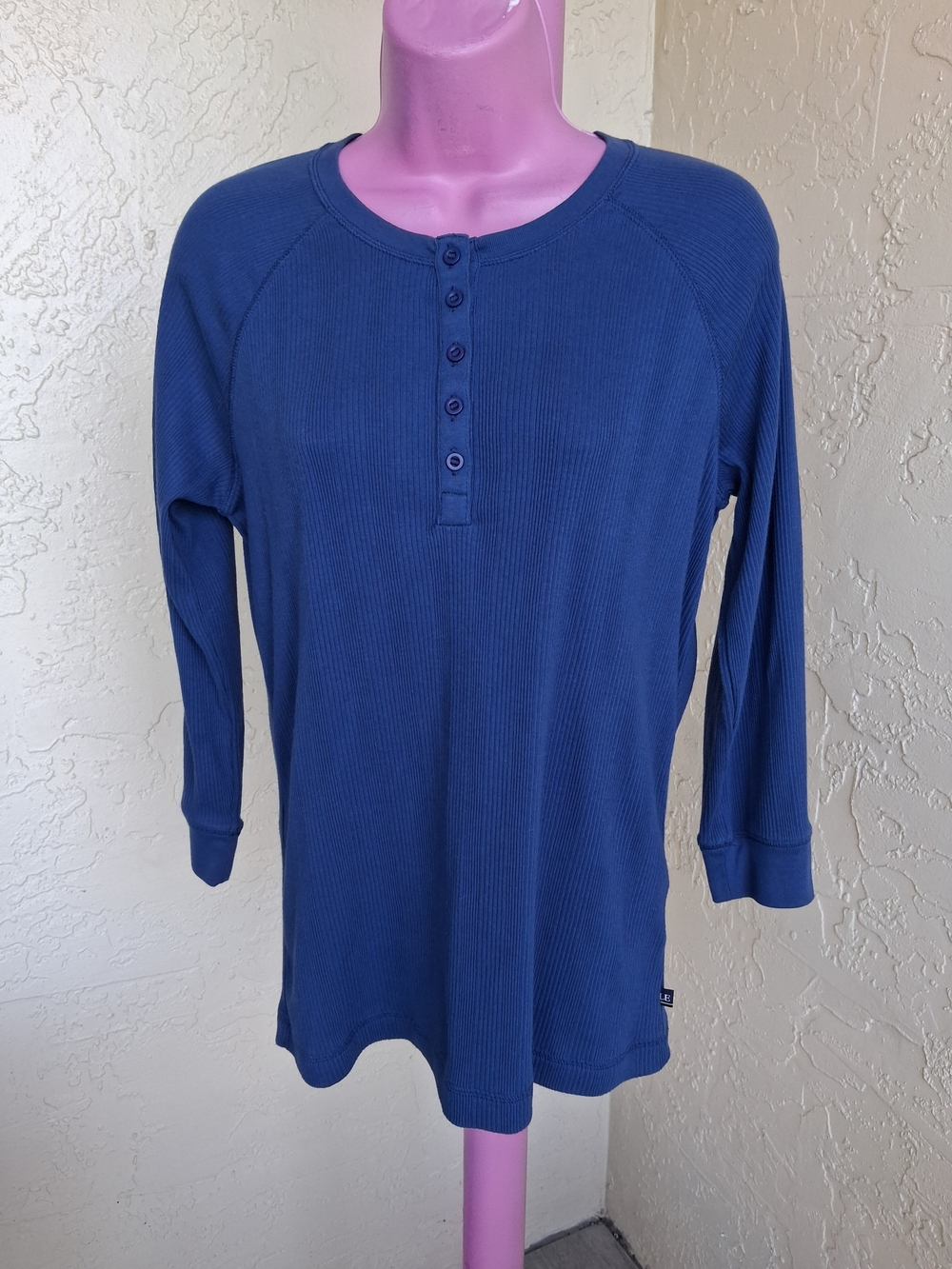 Lands' End Navy Ribbed Henley Long Sleeve Tee